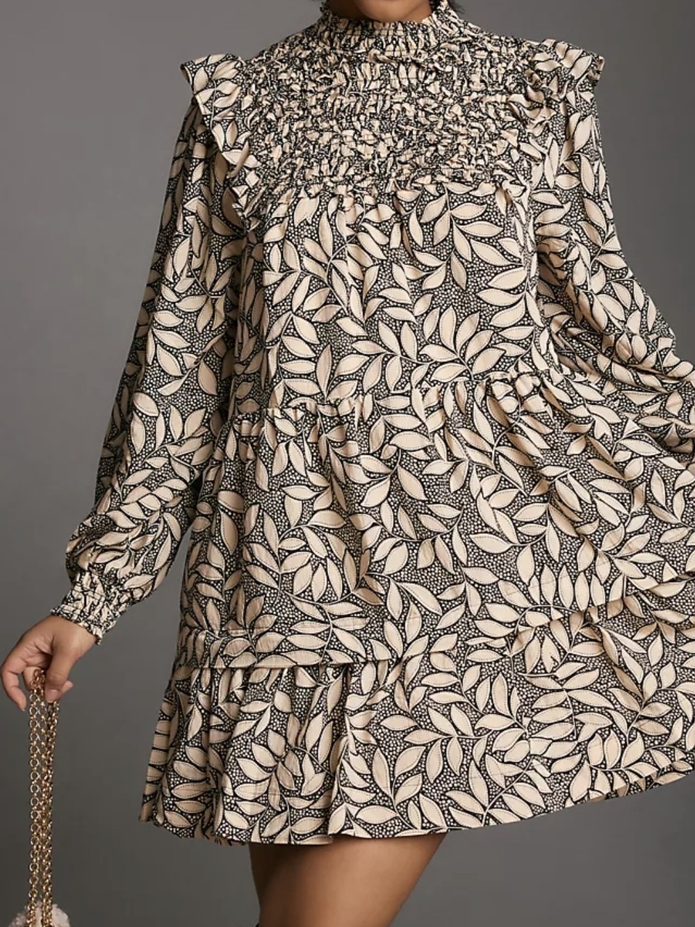 Anthropologie Beige and Black Smocked Yoke Tiered Long-Sleeve Dress